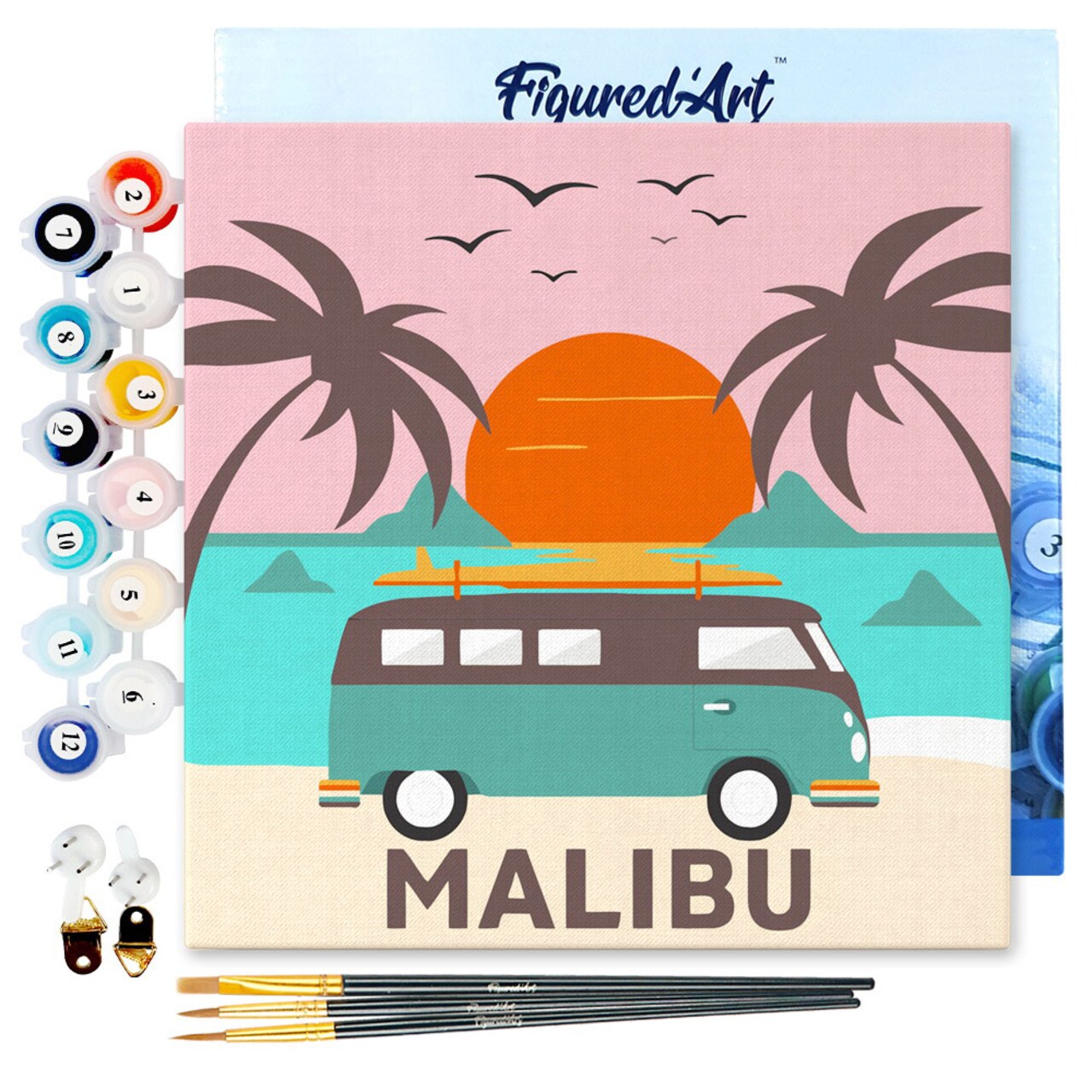 Figured'Art Mini Paint by Numbers Kit for Adults with Frame Malibu Sunset Small format 8"x8" - Craft Art Painting DIY Canvas Already Stretched on a Wooden Frame